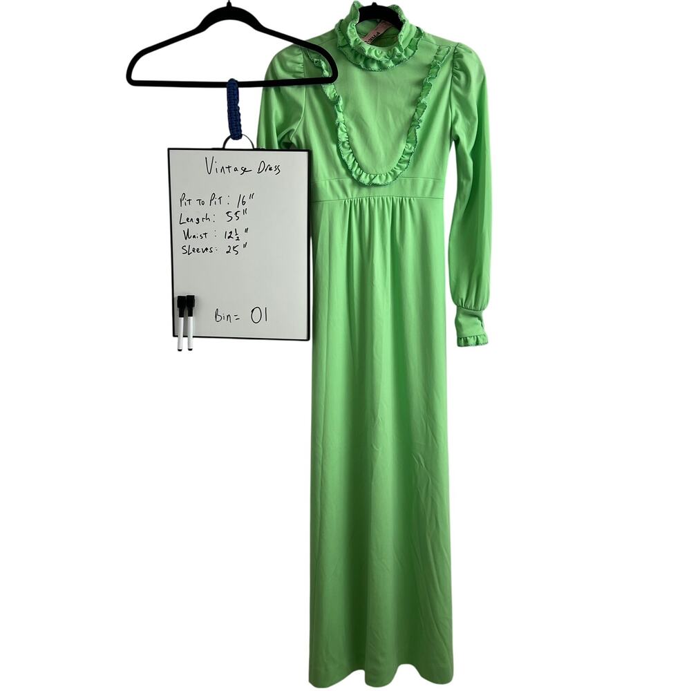 Vintage Prairie Green Ruffle 70s/ 80s Bridesmaid Maxi Dress Cottagecore Size XS - Picture 2 of 12